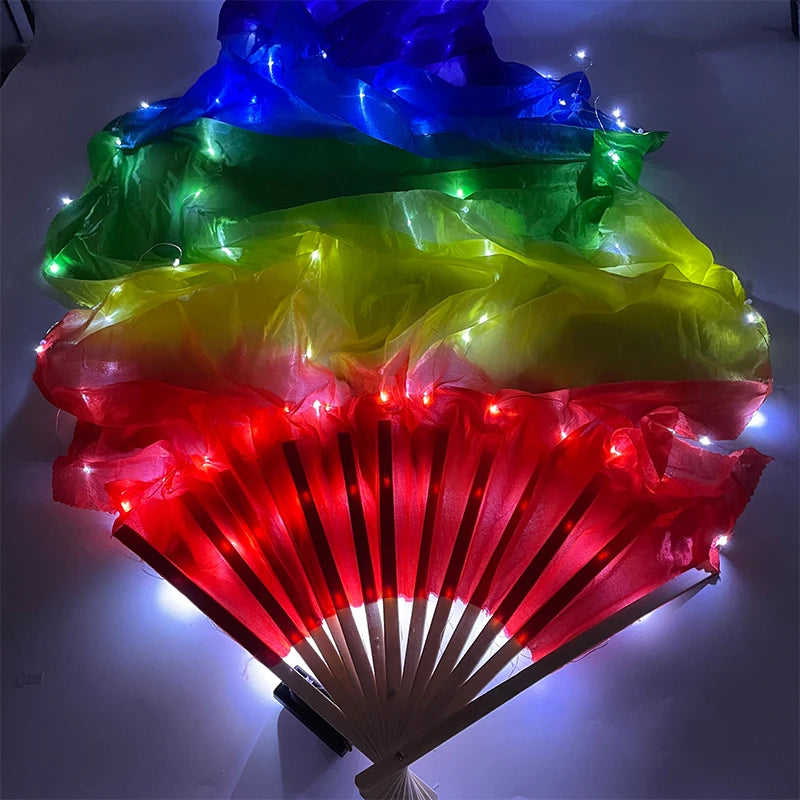 1.5meters Chinese LED Belly Dance Silk Fan Colorful Light Up Fan Veil For Women New Year Performance Dance Supplies