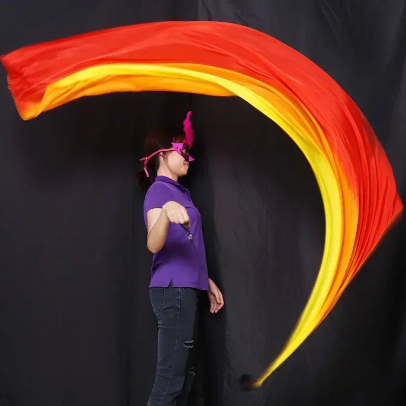 100% Silk Performance Veil Dancer Contrast Colors Light Texture Rectangular Scarf Belly Dance Rainbow Veil+POI Ball Accessories