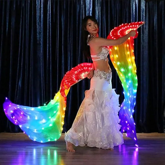 1.5meters Chinese LED Belly Dance Silk Fan Colorful Light Up Fan Veil For Women New Year Performance Dance Supplies