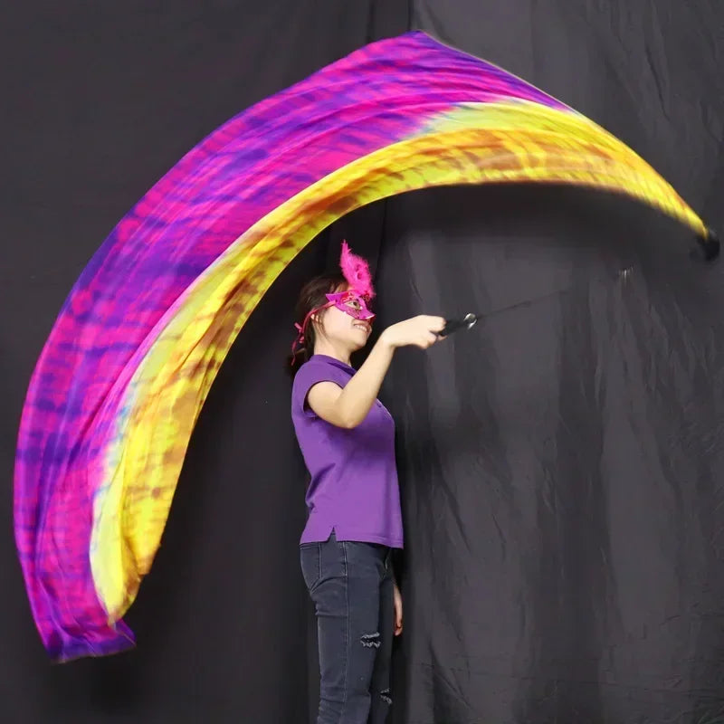 100% Silk Performance Veil Dancer Contrast Colors Light Texture Rectangular Scarf Belly Dance Rainbow Veil+POI Ball Accessories