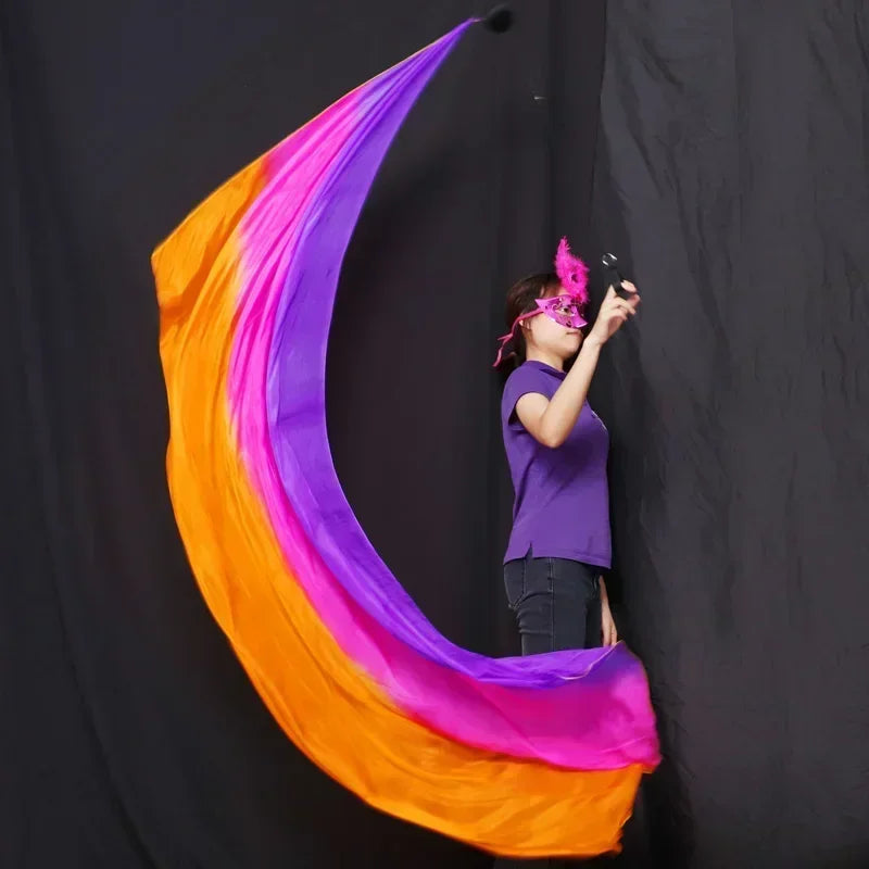 100% Silk Performance Veil Dancer Contrast Colors Light Texture Rectangular Scarf Belly Dance Rainbow Veil+POI Ball Accessories